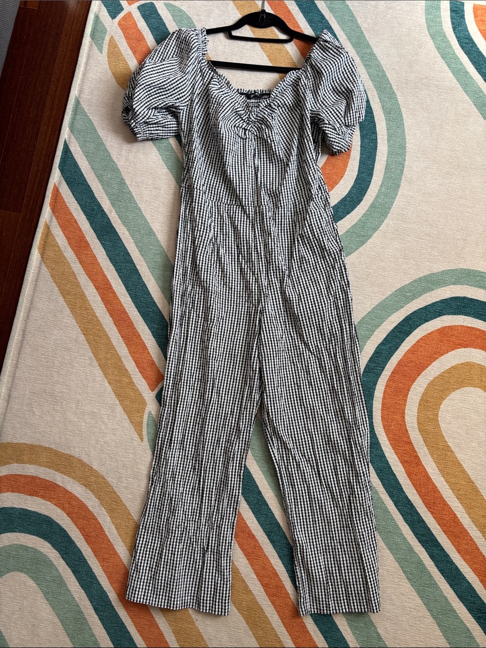 Black and White Gingham Puff-Sleeve Jumpsuit